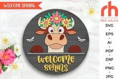 welcome spring svg, cow flower wreath svg, heifer hanger svg, countryside sign svg, farm welcome sign svg, spring door svg, round hanging sign svg, laser cut file, layered sign svg, animal easter svg, farmhouse easter svg, peeking cow svg, easter circle