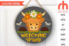 welcome spring svg, cow flower wreath svg, heifer hanger svg, countryside sign svg, farm welcome sign svg, spring door svg, round hanging sign svg, laser cut file, layered sign svg, highland cow sign svg, farmhouse easter svg, peeking cow svg