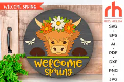 welcome spring svg, cow flower wreath svg, heifer hanger svg, countryside sign svg, farm welcome sign svg, spring door svg, round hanging sign svg, laser cut file, layered sign svg, highland cow sign svg, farmhouse easter svg, peeking cow svg