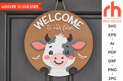 welcome to our farm, cute cow svg, farm door sign, farmhouse hanger, laser cut file, layered sign svg, baby cow sign svg, welcome sign svg, ranch sign svg, western sign svg, diy wood sign, countryside sign svg, highland cow svg, rustic farmhouse