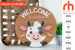 welcome to our farm, cute cow svg, farm door sign, farmhouse hanger, laser cut file, layered sign svg, baby cow sign svg, welcome sign svg, ranch sign svg, western sign svg, diy wood sign, countryside sign svg, highland cow svg, rustic farmhouse
