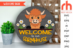 welcome to our farmhouse, cute cow door sign svg, farm porch sign svg, farmhouse hanger, laser cut file, layered hanging sign svg, baby highland cow svg, welcome sign svg, ranch sign svg, western sign svg, DIY wood sign, countryside sign svg
