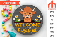 welcome to our farmhouse, cute cow door sign svg, farm porch sign svg, farmhouse hanger, laser cut file, layered hanging sign svg, baby highland cow svg, welcome sign svg, ranch sign svg, western sign svg, DIY wood sign, countryside sign svg