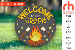 welcome to our fire pit svg, camper home sign svg, lake house sign, campfire svg, welcome hanger svg, camp door sign svg, glowforge cut file, laser cut file, layered sign svg, round hanging sign svg, summer vacation svg, lake house sign svg, forest door