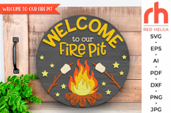 welcome to our fire pit svg, camper home sign svg, lake house sign, campfire svg, welcome hanger svg, camp door sign svg, glowforge cut file, laser cut file, layered sign svg, round hanging sign svg, summer vacation svg, lake house sign svg, forest door