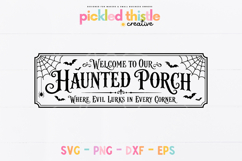 Spooky Halloween digital sign file with ornate lettering, corner spider webs, bats, and a classic haunted house porch feel.
