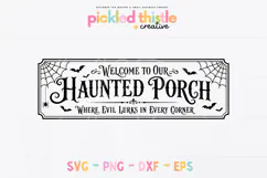 Spooky Halloween digital sign file with ornate lettering, corner spider webs, bats, and a classic haunted house porch feel.
