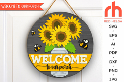 welcome to our porch, bee silhouette, wildflower hanger svg, welcome sign svg, summer circle svg, round hanging sign, laser cut file, layered flower sign, sunflower sign svg, floral door sign svg, farm sign dxf, cricut cut file, glowforge cut file