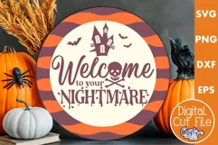 Round Retro Halloween Sign Svg, Welcome To Your Nightmare Product Image 1