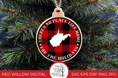 Round buffalo plaid Christmas Ornament design for Washington with the phrase &quot;there's no place like home for the holidays&quot; displayed on a wood ornament hung from a Christmas tree. 