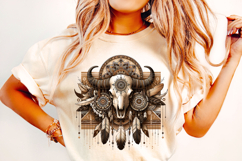 Boho Cow Skull PNG, Feathers PNG, Western PNG, Bull Skull Product Image 1