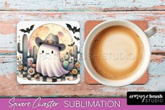 Western Halloween Coaster, Retro Ghost Square Coaster PNG Product Image 1