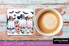 Western Halloween Coaster, Retro Ghost Square Coaster PNG Product Image 1