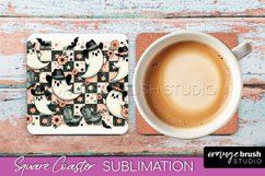 Western Halloween Coaster, Retro Ghost Square Coaster PNG Product Image 1