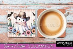 Western Halloween Coaster, Retro Ghost Square Coaster PNG Product Image 1