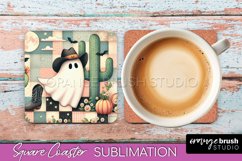 Western Halloween Coaster, Retro Ghost Square Coaster PNG Product Image 1