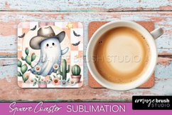 Western Halloween Coaster, Retro Ghost Square Coaster PNG Product Image 1