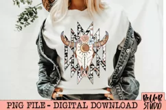 Western Floral Longhorn Skull PNG Sublimation Design Product Image 1