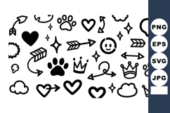 Hand-drawn black hearts arrows crowns and paw prints vector Product Image 1