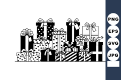Gift boxes with ribbons and bows stacked in black and white Product Image 1