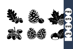 Autumn forest elements acorns pine cones leaves vector black Product Image 1