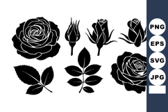 Rose flower vector with leaves and buds black silhouette Product Image 1