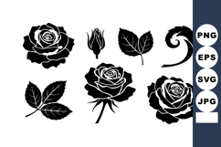 Black Rose Silhouettes Vector with Leaves and Buds for D Product Image 1