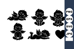 Cupid silhouette set with hearts and angelic winged children Product Image 1