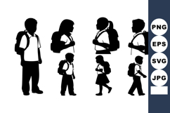 Silhouettes of children with backpacks walking in various po Product Image 1
