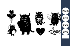 Cute love monsters holding hearts and balloons in black vect Product Image 1