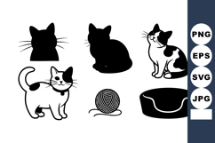 Cat Silhouettes Playing with Yarn Ball and Resting in Bed Ve Product Image 1