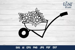 Wheelbarrow SVG Design with Spring Garden Flowers. Can be Used for T-shirts, Mugs, Bags, Pillows, Decals, Gifts. Compatible with Cricut and Silhouette