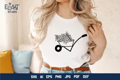 Wheelbarrow SVG Design with Spring Garden Flowers. Can be Used for T-shirts, Mugs, Bags, Pillows, Decals, Gifts. Compatible with Cricut and Silhouette