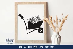 Wheelbarrow SVG Design with Spring Garden Flowers. Can be Used for T-shirts, Mugs, Bags, Pillows, Decals, Gifts. Compatible with Cricut and Silhouette