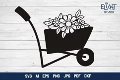 Wheelbarrow SVG Design with Spring Garden Flowers. Can be Used for T-shirts, Mugs, Bags, Pillows, Decals, Gifts. Compatible with Cricut and Silhouette