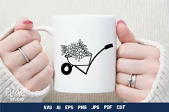Wheelbarrow SVG Design with Spring Garden Flowers. Can be Used for T-shirts, Mugs, Bags, Pillows, Decals, Gifts. Compatible with Cricut and Silhouette
