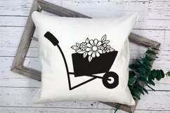 Wheelbarrow SVG Design with Spring Garden Flowers. Can be Used for T-shirts, Mugs, Bags, Pillows, Decals, Gifts. Compatible with Cricut and Silhouette