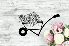 Wheelbarrow SVG Design with Spring Garden Flowers. Can be Used for T-shirts, Mugs, Bags, Pillows, Decals, Gifts. Compatible with Cricut and Silhouette