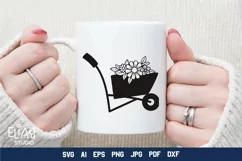 Wheelbarrow SVG Design with Spring Garden Flowers. Can be Used for T-shirts, Mugs, Bags, Pillows, Decals, Gifts. Compatible with Cricut and Silhouette