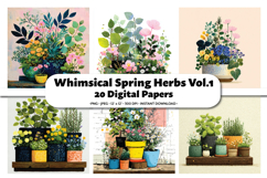 Whimsical Spring Herbs Digital Paper Pack, 20 PNG &amp; JPEG Product Image 1