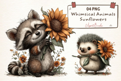 Whimsical Animals Sunflowers Clipart Product Image 1