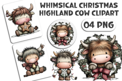 Whimsical Christmas Highland Cow Clipart Product Image 1
