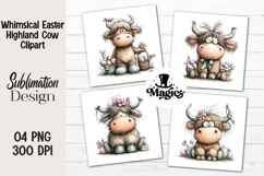 Whimsical Easter Highland Cow Clipart, Easter Sublimation Product Image 1