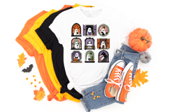Retro-style Halloween ghost PNG featuring nine playful haunted window scenes. White ghosts appear with a phone, cat, mug, book, knitting and baking supplies. Soft pink, purple, orange, green and black create a cheerful spooky look.