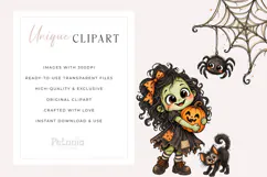 Whimsical Halloween clipart bundle featuring watercolor ghosts, pumpkins, witches, black cats, skeletons, bats, haunted houses and spooky elements on transparent backgrounds.