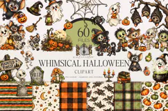 Whimsical Halloween clipart bundle featuring watercolor ghosts, pumpkins, witches, black cats, skeletons, bats, haunted houses and spooky elements on transparent backgrounds.