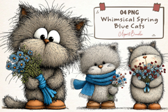 Whimsical Spring Blue Cats Clipart Product Image 1