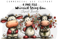 Whimsical Spring Cow Clipart, Easter Sublimation PNG Product Image 1
