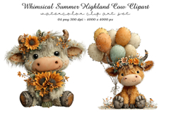 Whimsical Summer Highland Cow Clipart Product Image 1