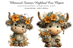 Whimsical Summer Highland Cow Clipart Product Image 1